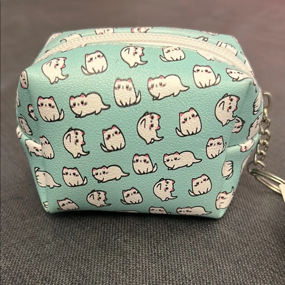 Cute Cat Print Small Coin Pouch - Blue